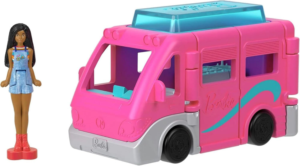 Barbie Mini BarbieLand Doll & Toy Vehicle Set, 1.5-inch Barbie Doll & DreamCamper with Working Doors & Color-Change Pool, HYF39