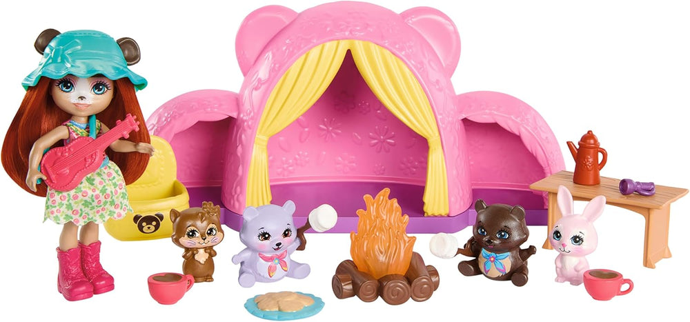 Enchantimals - Coccole Camping Tent, Playset with Doll and a Puppy Friend, Tent, Sleeping Bag, Campfire and many other accessories included, Toy for Kids, 4+ Years, HTW71
