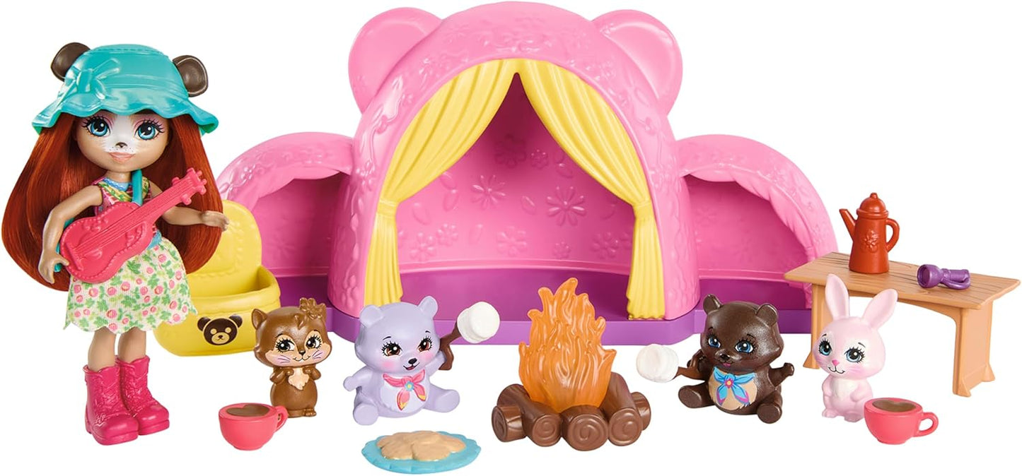 Enchantimals - Coccole Camping Tent, Playset with Doll and a Puppy Friend, Tent, Sleeping Bag, Campfire and many other accessories included, Toy for Kids, 4+ Years, HTW71