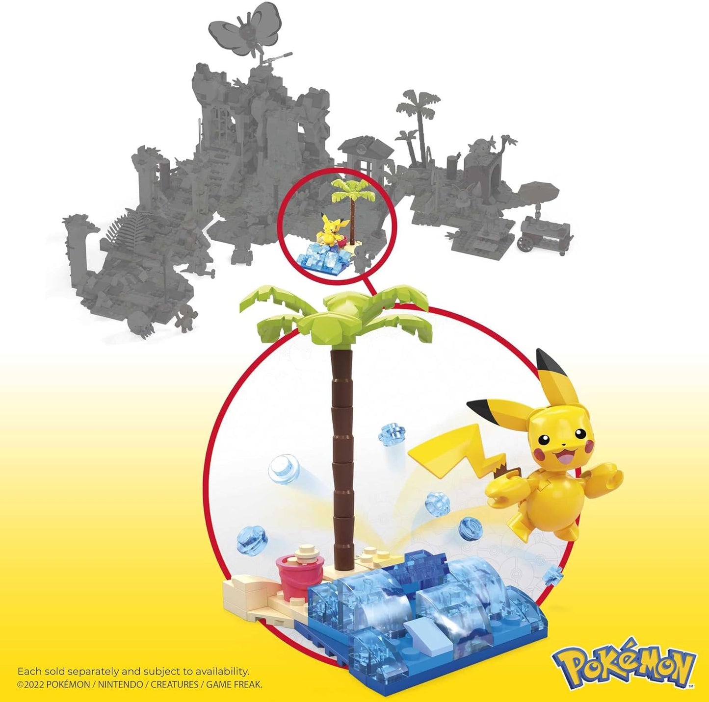 MEGA Pokemon Action Figure Building Toys Set, Pikachu's Beach Splash with 79 Pieces, 1 Poseable Character, Gift Idea for Kids
