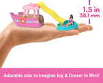 Barbie Mini BarbieLand Doll & Toy Vehicle Set, 1.5-inch Barbie Doll & Dream Boat with Color-Change, Plus Detachable Slide & Pool, HYF41