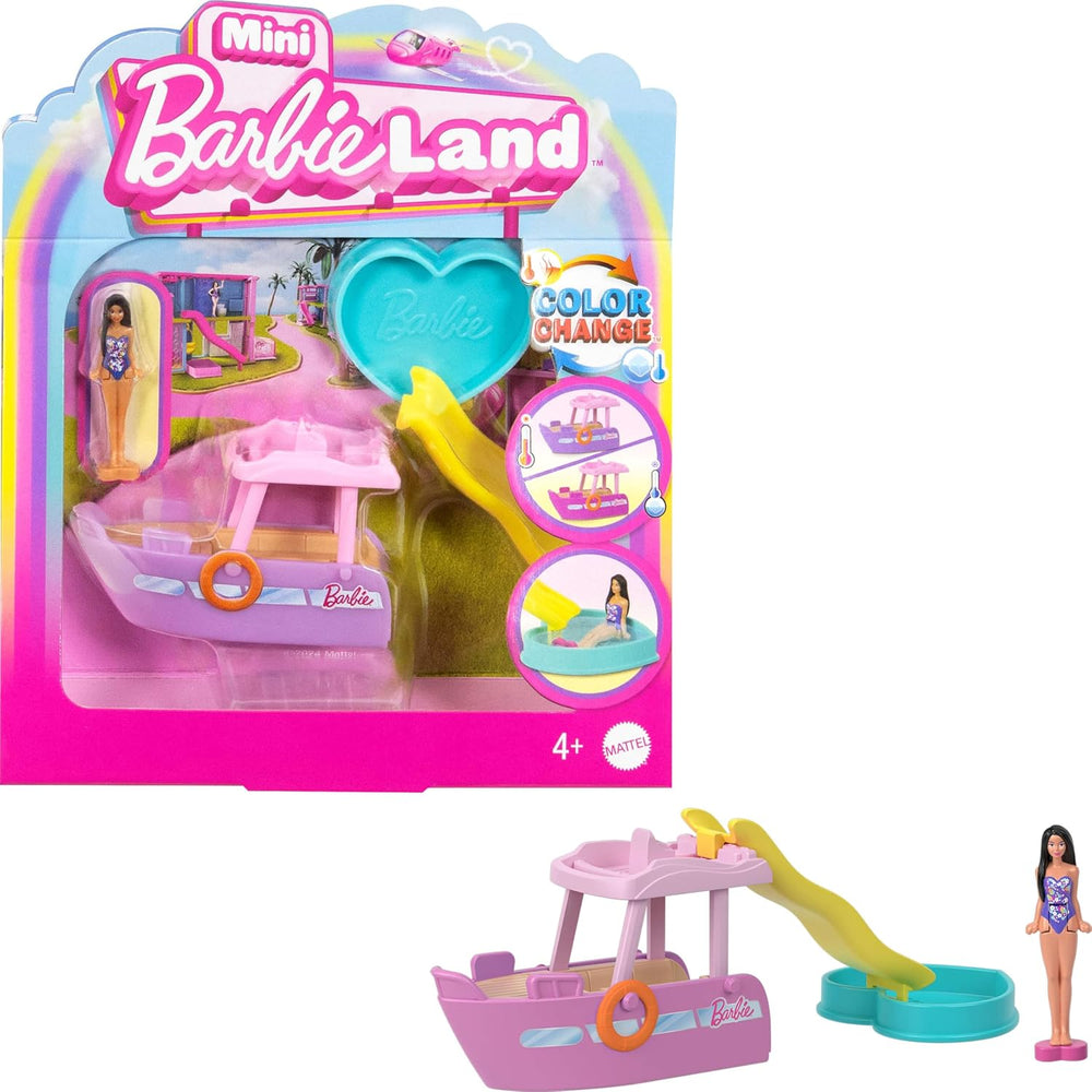 Barbie Mini BarbieLand Doll & Toy Vehicle Set, 1.5-inch Barbie Doll & Dream Boat with Color-Change, Plus Detachable Slide & Pool, HYF41